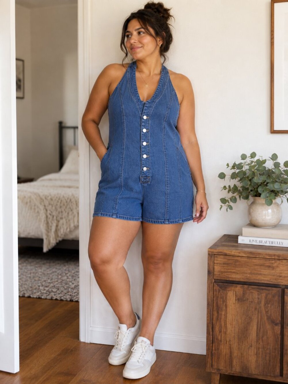 Universal Thread Denim Halter Romper Womens Size 14 Blue Jean Shorts NWT